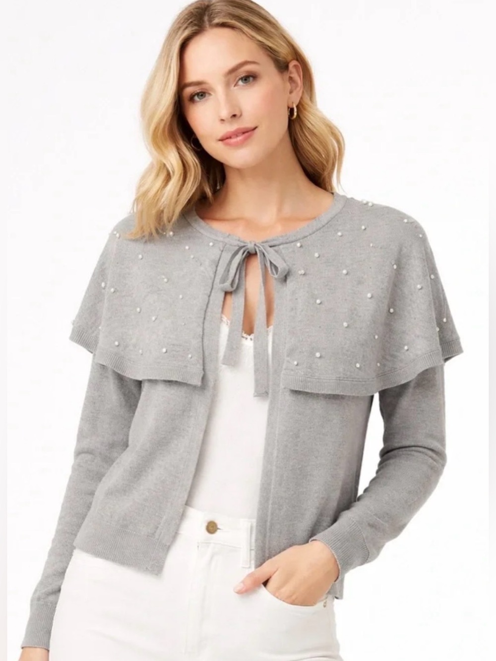 Badgley Mischka Gray Pearl Capelet Cardigan Sweater feminine fall cottagecore L